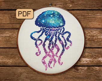 Galaxy Jellyfish Cross Stitch Pattern, Sea Life Crossstitch PDF, Ocean Animal Embroidery Design, Instant Download