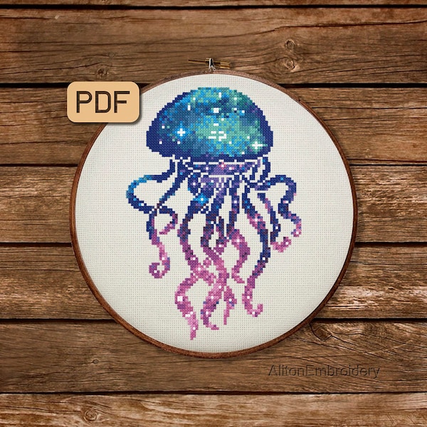 Galaxy Jellyfish Cross Stitch Pattern, Sea Life Crossstitch PDF, Ocean Animal Embroidery Design, Instant Download