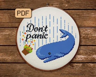 Don't Panic Cross Stitch Pattern, Hitchhiker's Guide To The Galaxy Crossstitch PDF, Counted Embroidery Design, Instant Download