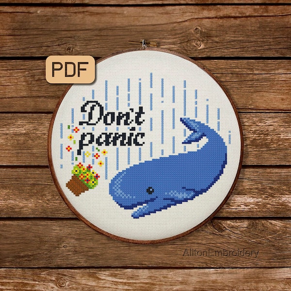 Don't Panic Cross Stitch Pattern, Hitchhiker's Guide To The Galaxy Crossstitch PDF, Counted Embroidery Design, Instant Download