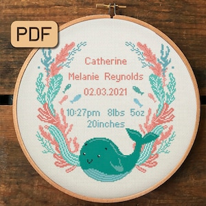 Baby announcement cross stitch pattern whale needlepoint kids boy girl  cross stitch pdf instant download