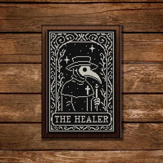 Spooky Tarot Cross Stitch Pattern: Gothic Plague Doctor Embroidery Design (PDF Chart)