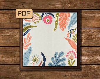 Floral Border Cross Stitch Pattern, Flowers Crossstitch PDF, Blossoms Embroidery Design, Digital Download