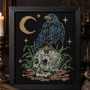 May include: A framed cross-stitch embroidery on black fabric featuring a blue raven with a red eye perched atop a white human skull. The scene includes green grass, brown earth, a golden crescent moon, and four small golden stars in the night sky.