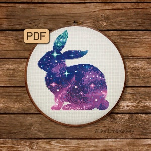 Galaxy Rabbit Cross Stitch Pattern, Easter Bunny Crossstitch PDF, Hare Embroidery Design, Instant Download