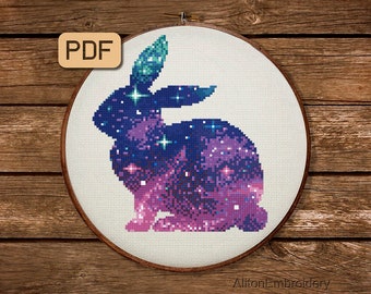 Galaxy Rabbit Cross Stitch Pattern, Easter Bunny Crossstitch PDF, Hare Embroidery Design, Instant Download