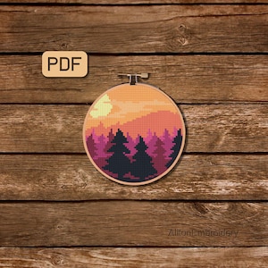 Forest Landscape Cross Stitch Pattern: Mountain Nature Design (Digital Download)
