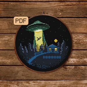 UFO Cross Stitch Pattern, Sci Fi Crossstitch PDF, Science Fiction Embroidery Design, Instant Download