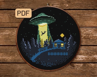 UFO Cross Stitch Pattern, Sci Fi Crossstitch PDF, Science Fiction Embroidery Design, Instant Download