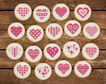 18 mini-hjärtmönster i korsstygn: Tiny Love Valentine-broderiset (PDF-mönster)