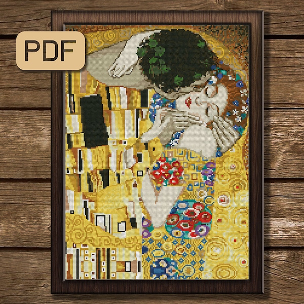 Patrón de punto de cruz del beso, obra de arte de punto de cruz de Klimt, patrón de punto de cruz de pintura PDF