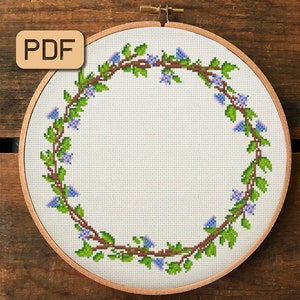 Flower wreath cross stitch pattern Leaf border needlepoint pdf