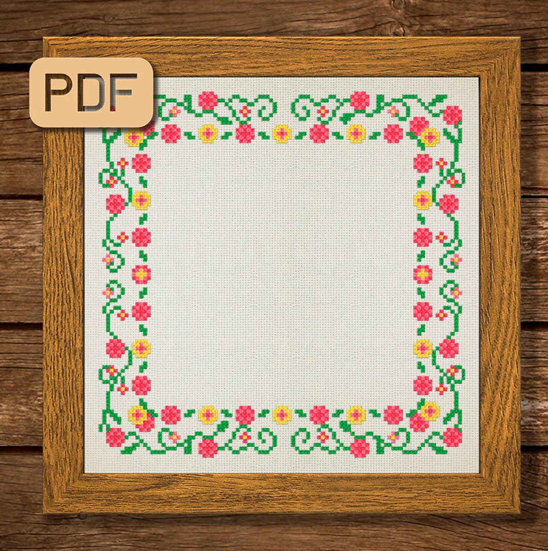 Floral Border Cross Stitch Pattern Easy Needlepoint Decor Flower Border