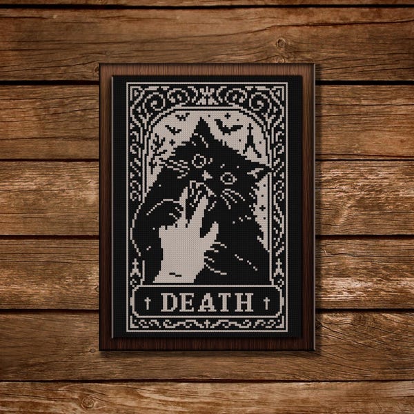 不気味な猫のタロットカードのクロスステッチパターン：魔女のハロウィン刺繍（PDFパターン）