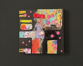 Original Mixed Media Collage - LET'S CELEBRATE - Whimsical Mini Art with Sticker Detail - 3"x3"