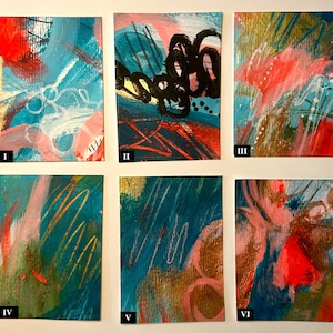 May include: A set of six rectangular art cards featuring abstract acrylic paintings in shades of teal, bright red, pink, and gold. Each card displays unique layered brushstrokes, scribbles, and circular marks labeled with Roman numerals I through VI.