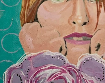 Green Eyed Lady – Original Mixed Media Portrait | Floral Collage Art | 5x7 Acrylic Painting on Canvas Panel