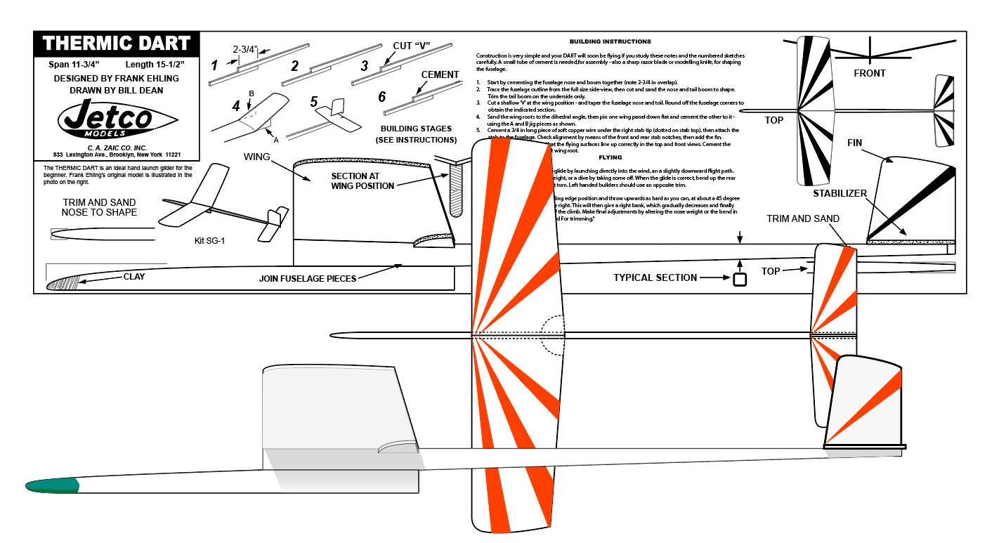 3pack Jetco Thermic Dart 12 Balsa Handlaunch Gliders, Dihedral Jigs