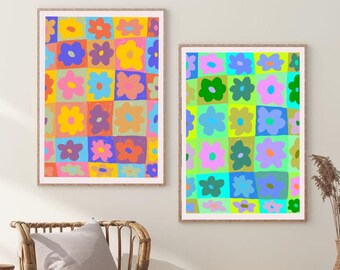 Floral Checkerboard Print in Multicolour or Green / A5 Art Print / A5 Boho Wall Art / Eclectic + Girly Home Decor