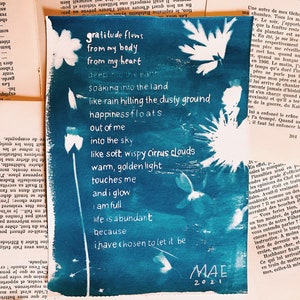 Gratitude Flows, A5 Cyanotype Poem / Cyanotype Print / Poetry / Wall Art / Spiritual Art WATERCOLOUR CARD