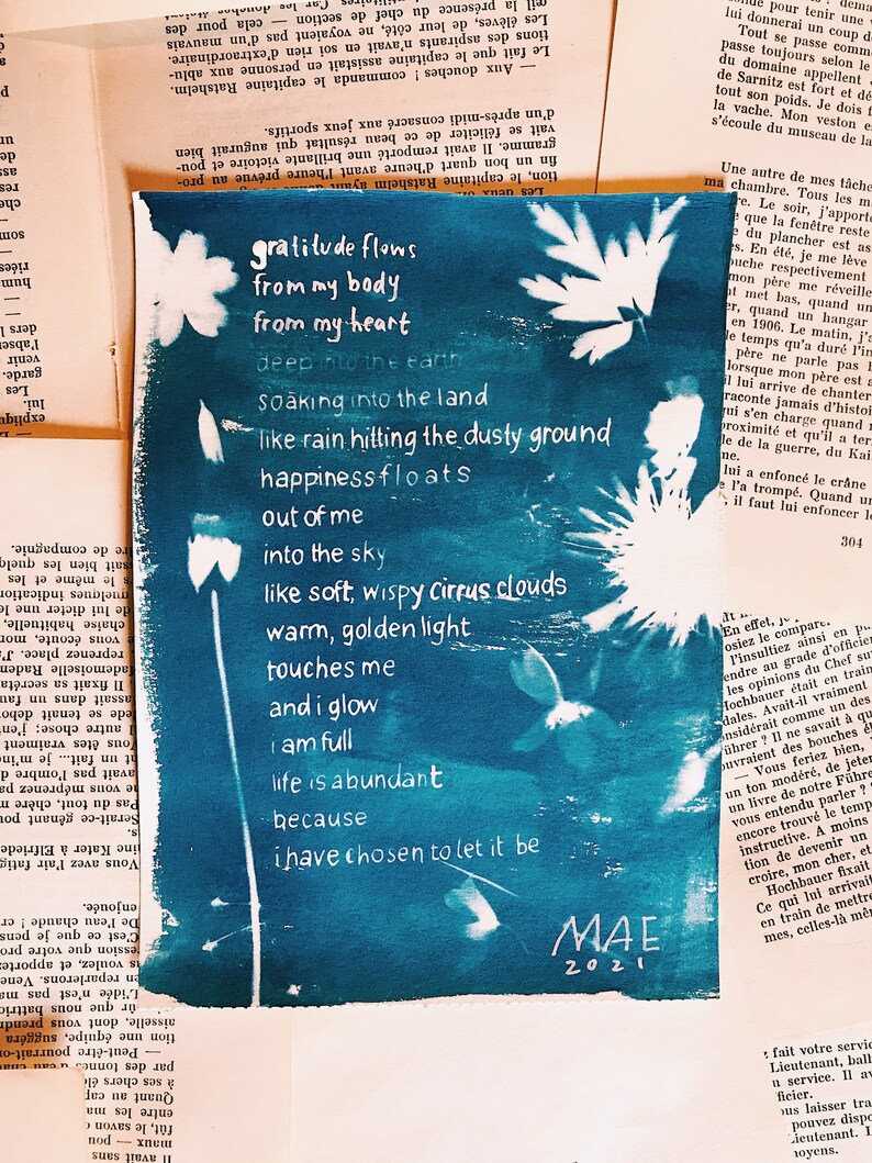 Gratitude Flows, A5 Cyanotype Poem / Cyanotype Print / Poetry / Wall Art / Spiritual Art WATERCOLOUR CARD