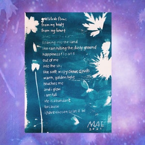 Gratitude Flows, A5 Cyanotype Poem / Cyanotype Print / Poetry / Wall Art / Spiritual Art image 1