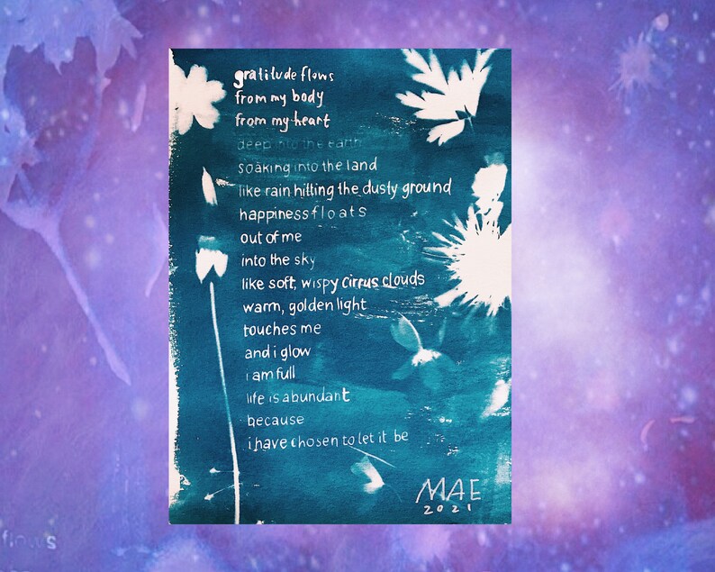 Gratitude Flows, A5 Cyanotypie Gedicht / Cyanotypie Print / Poesie / Wandkunst / spirituelle Kunst Bild 1