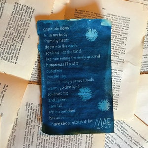 Gratitude Flows, A5 Cyanotype Poem / Cyanotype Print / Poetry / Wall Art / Spiritual Art BOOK PAGE