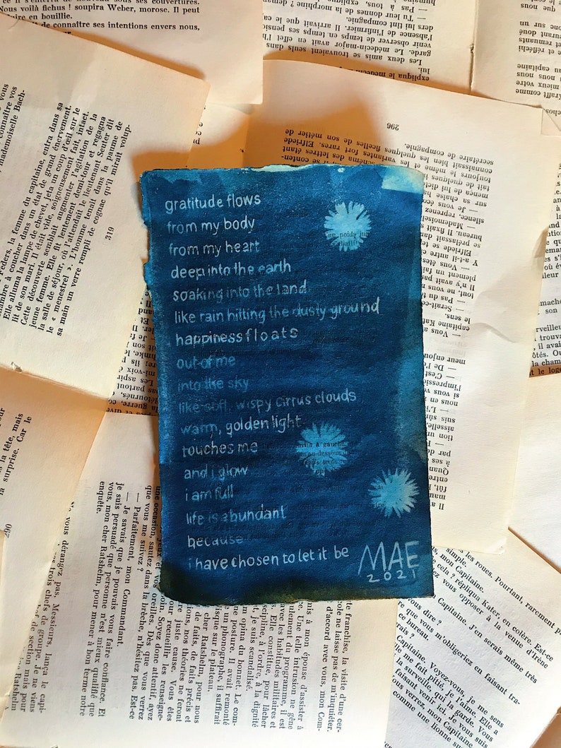 Gratitude Flows, A5 Cyanotype Poem / Cyanotype Print / Poetry / Wall Art / Spiritual Art BOOK PAGE