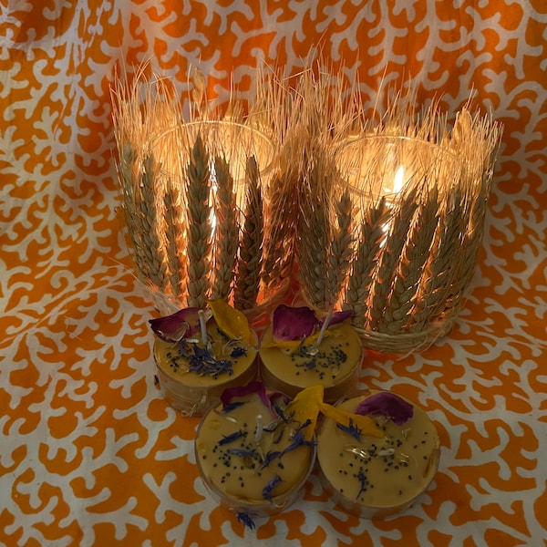 2 wheat and glass votive holder plus 4 tealight candles