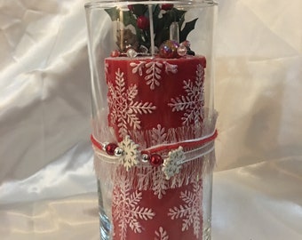 2 red and white snowflake designed 3x6 Christmas/Yule Pillar candle