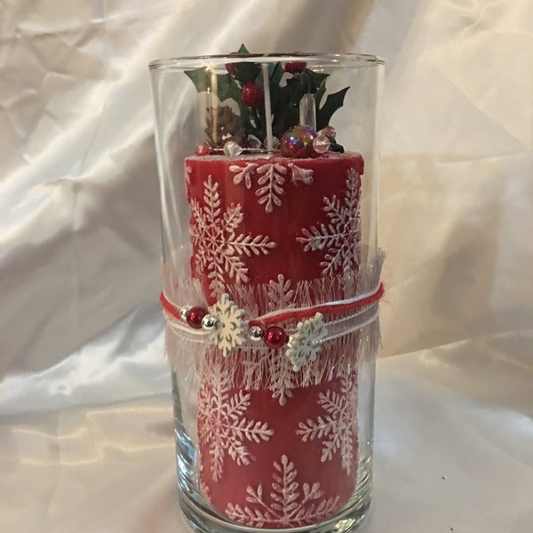 1 red and white snowflake designed 3x6 Christmas/Yule/Winter Solstice Pillar candle