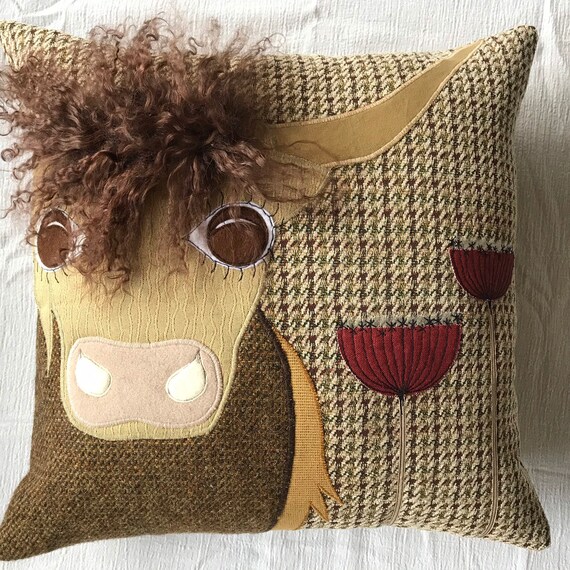Highland Cow Cushion Cow Pillow Appliqued Design Statement Etsy