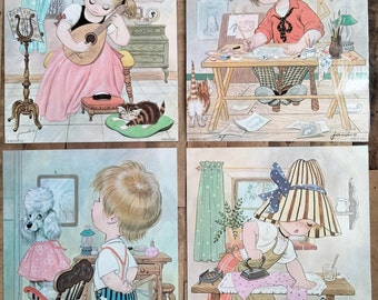 Kids Around the House. Set of 4 Laminated Litho Prints. By Jandro 1970's.