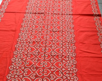 Large Scandinavian handprinted fabric by Seija Lampinen, Gamlestadens of Sweden. Red heart pattern. 128 in x 48 in.