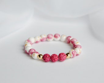 Pretty Pink Floral Lava Bead Bracelet - Essential Oil Diffuser - Aromatherapy Jewelry