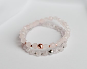 Pink and Purple Quartz Bracelet - Rose Quartz, Amethyst, Hematite Semi Precious Gemstone