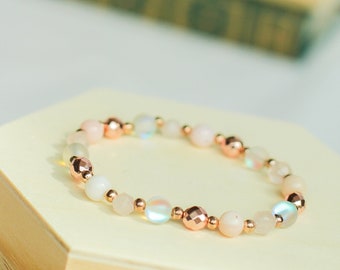 Pink and Rose Gold Gemstone Bracelet - Pink Himalayan Opal, Rose Quartz, Hematite Semi Precious Gemstone Bracelet - Feminine Jewelry