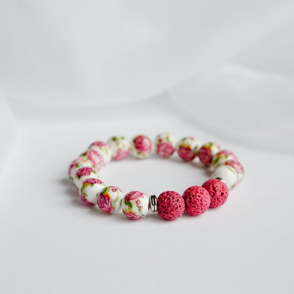 Pink Floral Lava Bead Bracelet - Essential Oil Diffuser - Aromatherapy Jewelry