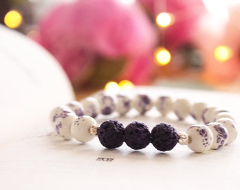 Pretty Purple Floral Lava Bead Bracelet - Essential Oil Diffuser Bracelet - Aromatherapy Jewellery - Purple - Gifts for Her - Feminine