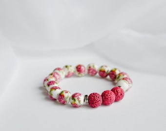 Pink Floral Lava Bead Bracelet - Essential Oil Diffuser - Aromatherapy Jewelry