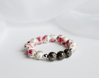 Chrome and Roses Lava Bead Bracelet - Essential Oil Diffuser Bracelet