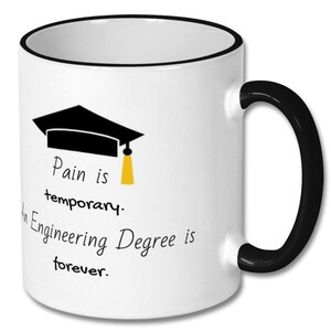 Op de afbeelding: Een witte koffiemok met een zwarte rand en handvat. De mok heeft een zwarte afstudeerhoed afbeelding en de tekst "Pijn is tijdelijk. Een ingenieursdiploma is voor altijd."