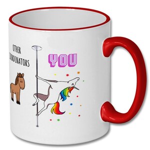 May include: White ceramic mug with a red rim and handle. The mug features a cartoon unicorn with a rainbow mane and tail, holding onto a pole. The text "OTHER COORDINATORS" is on the left side of the mug, and the text "YOU" is on the right side of the mug.