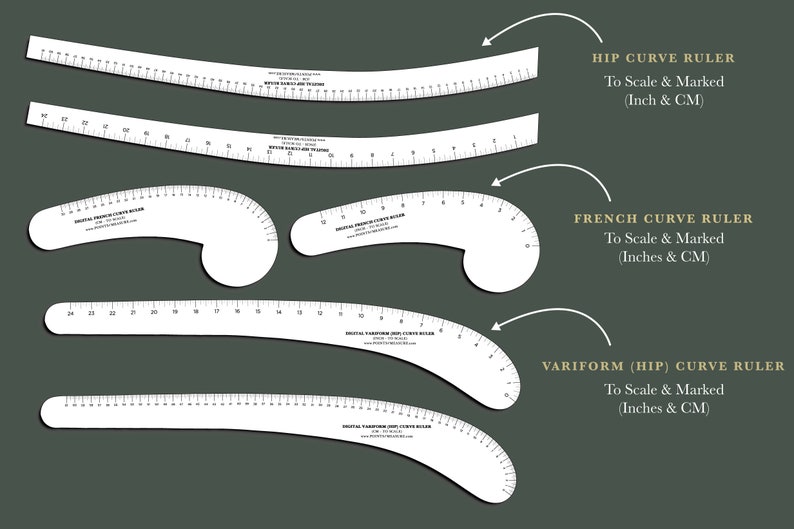 May include: Four different types of curve rulers for sewing and pattern making. The rulers are white and have black markings in inches and centimetres. The rulers are labelled "Hip Curve Ruler", "French Curve Ruler", and "VariForm (Hip) Curve Ruler".