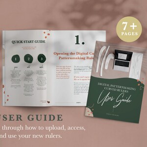 May include: A green and white user guide for digital patternmaking curved rulers. The guide has a quick start guide, instructions for opening the digital curved rulers, and a laptop computer on the cover. The guide has 7+ pages.