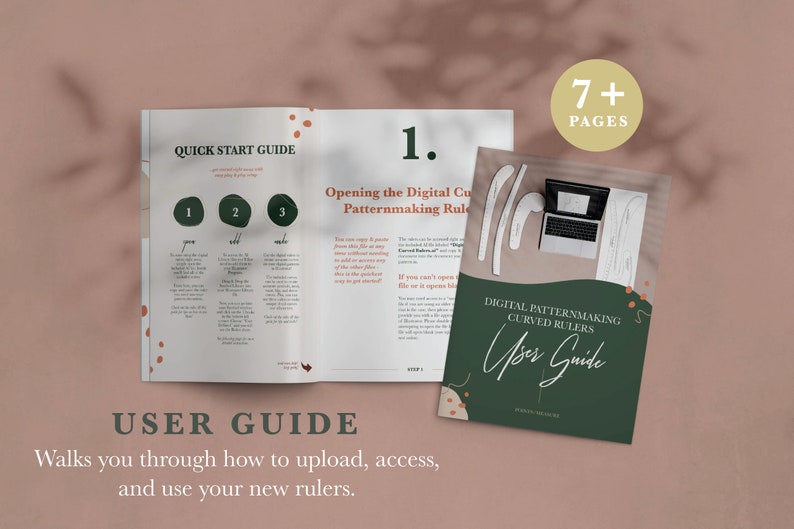May include: A green and white user guide for digital patternmaking curved rulers. The guide has a quick start guide, instructions for opening the digital curved rulers, and a laptop computer on the cover. The guide has 7+ pages.