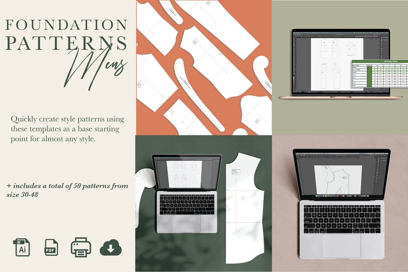 Puede incluir: Un conjunto de 50 patrones de base para crear dise&ntilde;os de ropa. Los patrones se muestran en una pantalla de ordenador y como piezas de papel impresas. El texto "FOUNDATION PATTERNS Mens" est&aacute; en la parte superior de la imagen. El texto "+ includes a total of 50 patterns from size 30-48" est&aacute; en la parte inferior de la imagen.