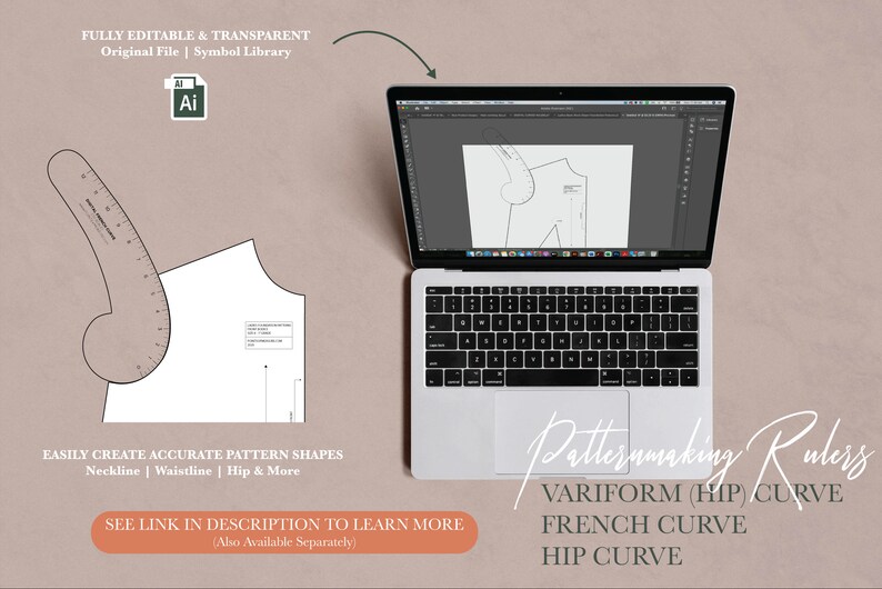 Puede incluir: Una pantalla de ordenador muestra un patr&oacute;n digital para una prenda de vestir, con una regla y una pieza de patr&oacute;n sobre una mesa. El texto en la pantalla dice "Patternmaking Rulers" y enumera "VARIFORM (HIP) CURVE", "FRENCH CURVE" y "HIP CURVE".