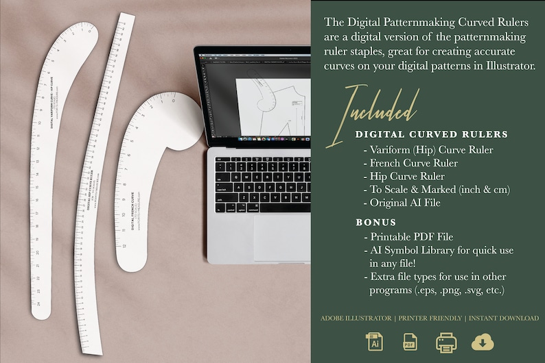 May include: Three white curved rulers for creating patterns in Adobe Illustrator. The rulers are labelled "Digital Patternmaking Curved Rulers" and include a hip curve ruler, a French curve ruler, and a variform curve ruler. The rulers are to scale and marked in inches and centimetres. The image also shows a laptop with a digital pattern on the screen.